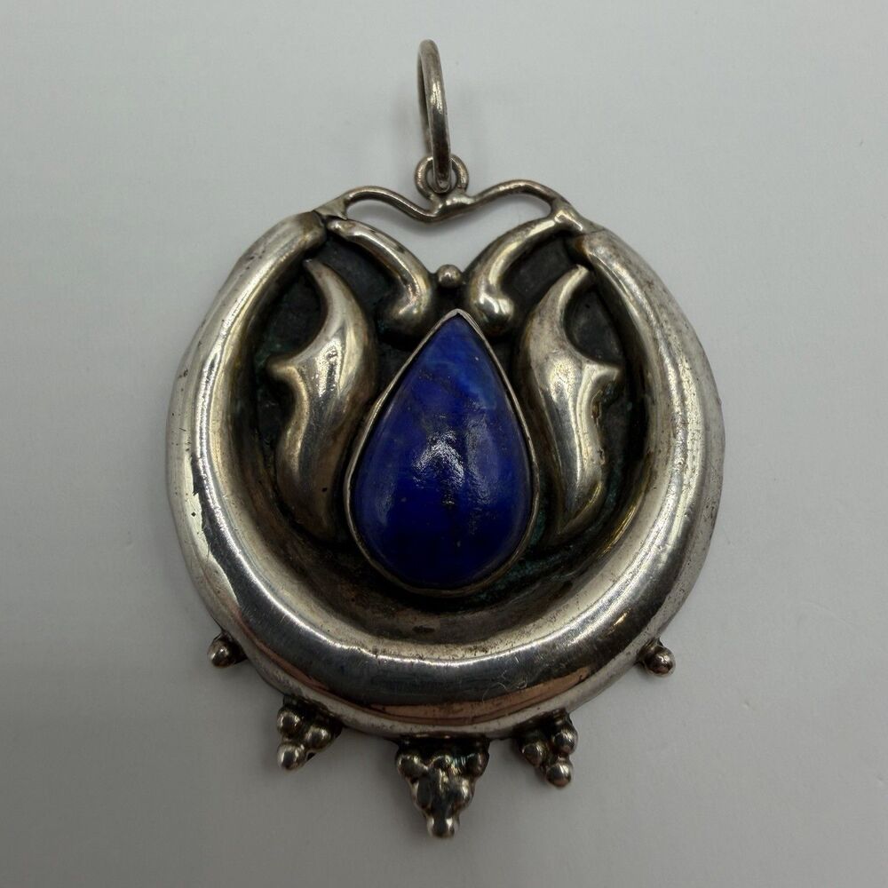 925 Sterling Silver Lapis Lazuli Teardrop Pendant Ornate 6g Blue Gemstone